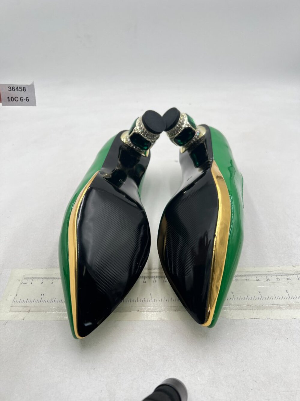 FSJ Emerald Green Bridal Pointed Toe Gold Trim Block Low Heel Crystal Pumps - Picture 7 of 8